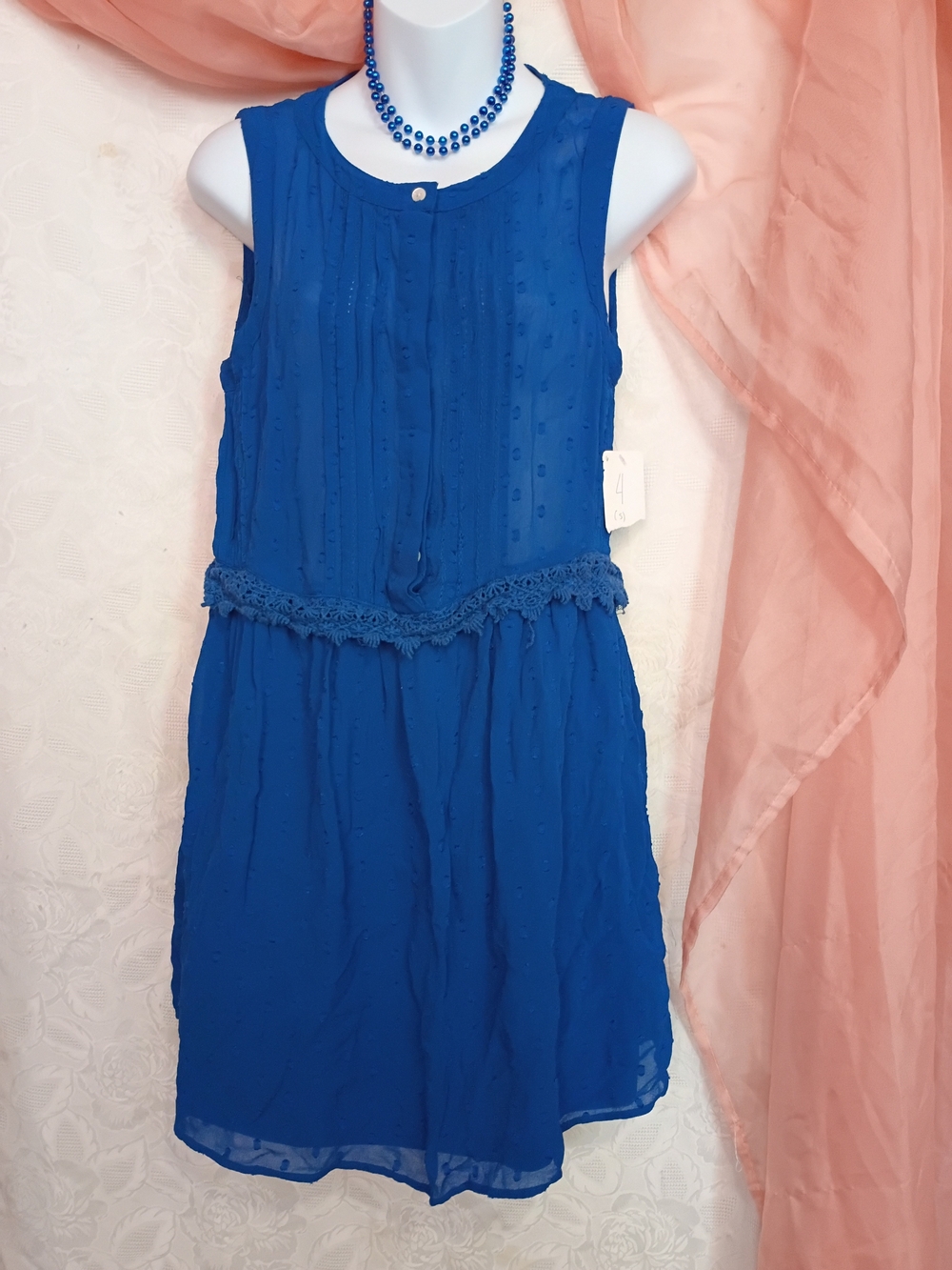 Mango Ladies Royal Blue Sleeveless Midi Dress with Crochet Waist Sz 4